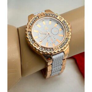 JJ Just Jewelry Womens Watch Rose Gold Tone and White Band Rhinestone Accents